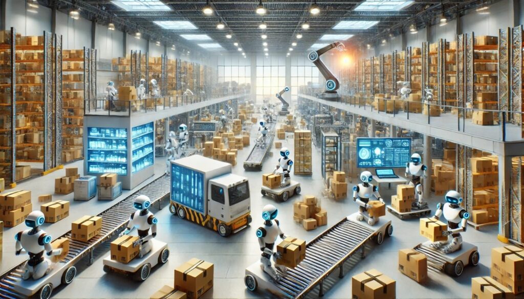 Robots sorting, packing, and transporting goods around a warehouse
