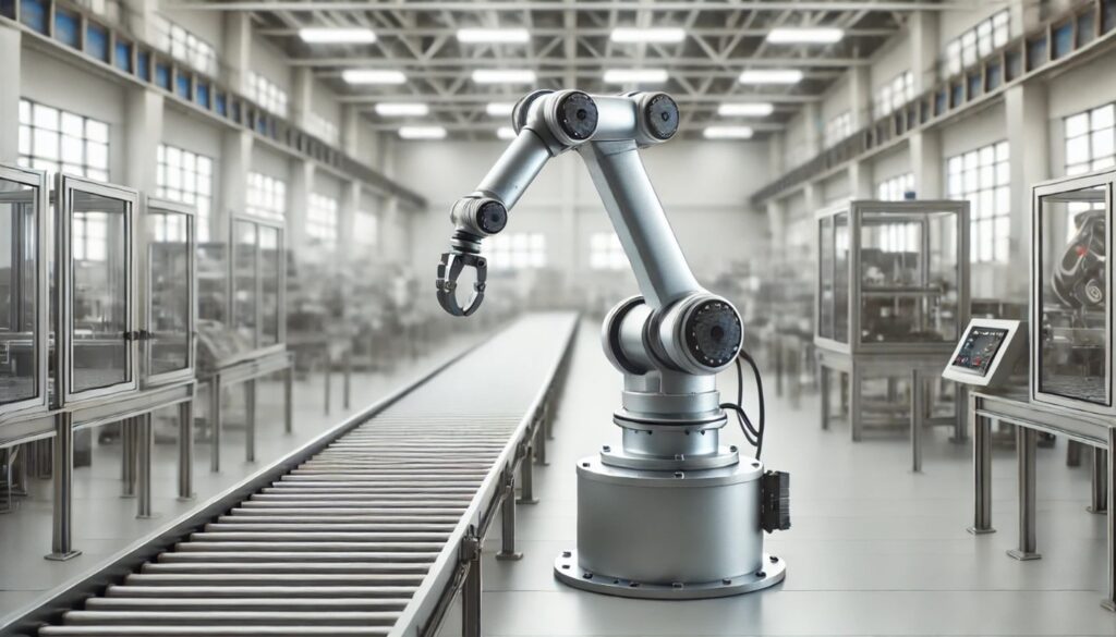 A simple robotic arm in a manufacturing setting positioned in front of an empty conveyor belt