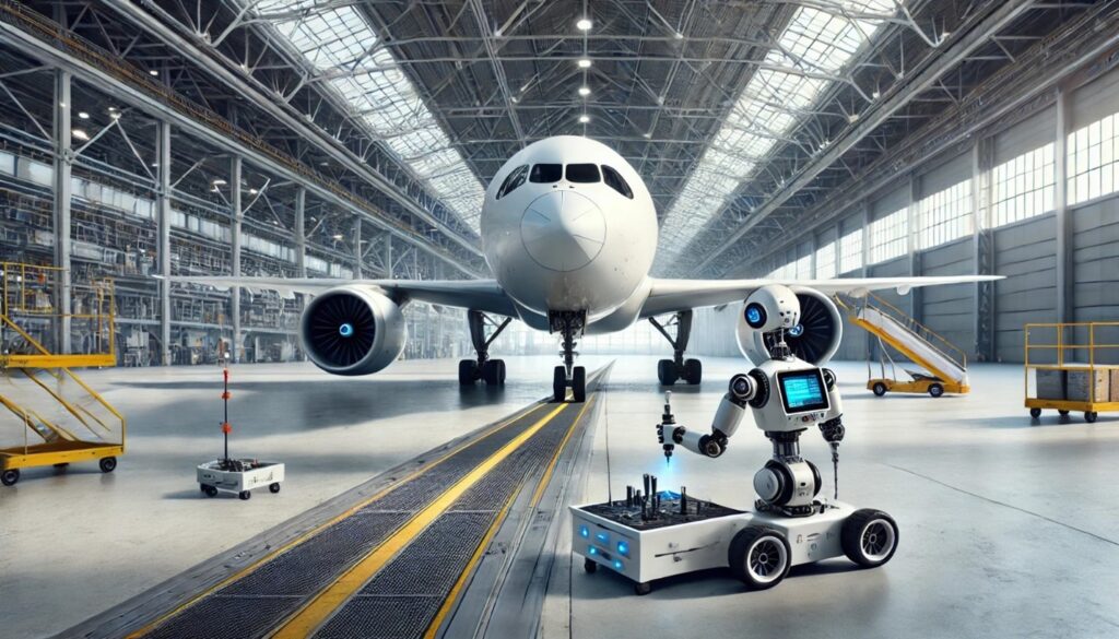 A small robot performing maintenance on a commercial airplane in an empty hangar