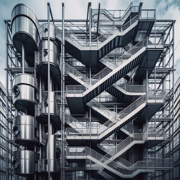 A geometric, non-linear steel staircase attached to a massive steel structure.
