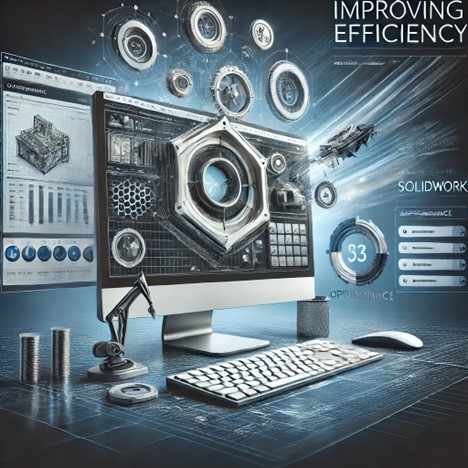 A modern 3D CAD model on a computer screen, symbolizing optimization and performance enhancements in SOLIDWORKS.