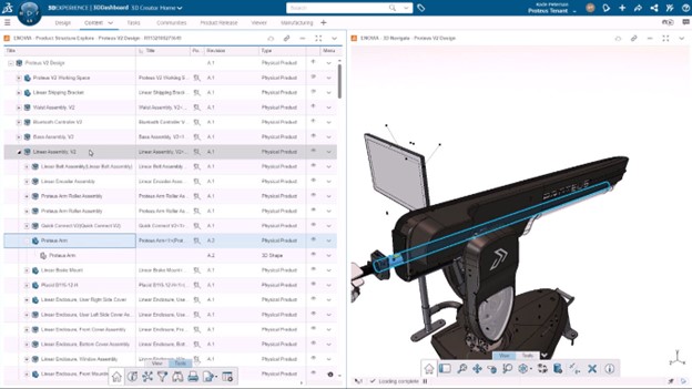 A dashboard view in the 3DEXPERIENCE platform showing the Proteus Motion design structure.