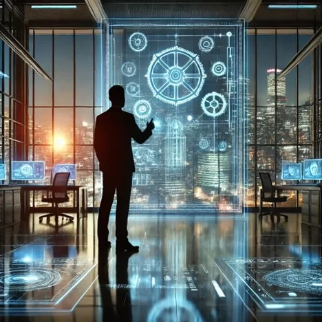 Two silhouetted engineers in a futuristic office space collaborating on a glowing 3D hologram of a mechanical design.