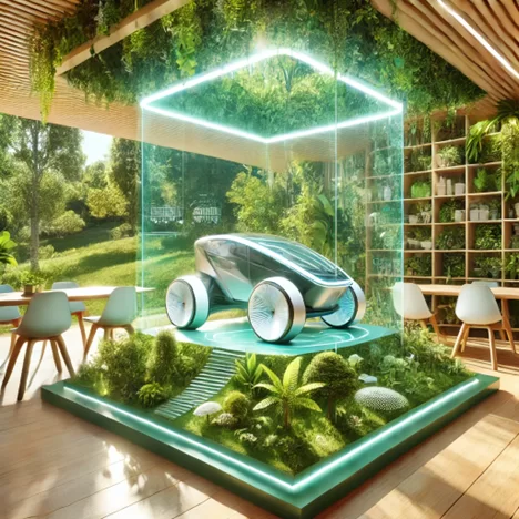 A silhouetted CAD engineer working on a tablet in a brightly lit design studio with large windows, plants, and eco-friendly design elements.
