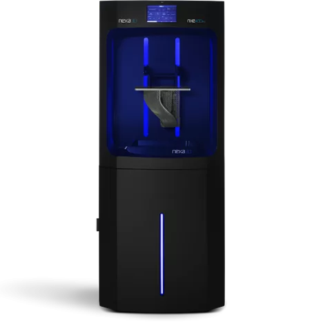 The Nexa3D NXE 400Pro 3D printer, a large-format professional-grade 3D printer with a sleek black design and illuminated interior.