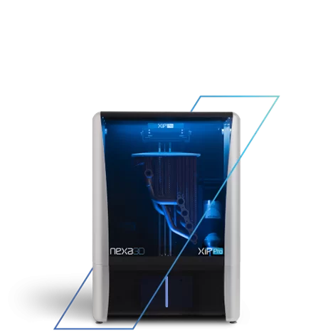 The Nexa3D XiP Pro 3D printer, highlighting its advanced design features and transparent, blue-lit enclosure for precise, professional-grade 3D printing.