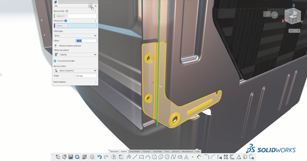 A screenshot showcasing the Jog Command in 3D SheetMetal Creator, demonstrating the creation of two bends from a single sketch, with parameters for offset, bend angle, and fixed points visible in the interface.