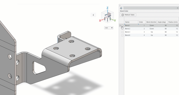 A close-up view of the Bend Order Table in 3D SheetMetal Creator, illustrating a tabular breakdown of bend directions, angles, and radii for a sheet metal component.