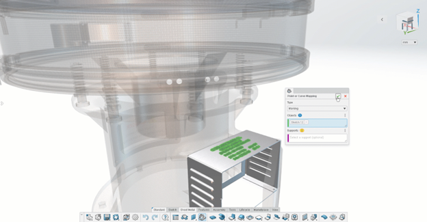 A detailed view of the Point or Curve Mapping feature, illustrating the mapping of markings or curves from a folded design to the flat pattern of a sheet metal component for enhanced manufacturing clarity.
