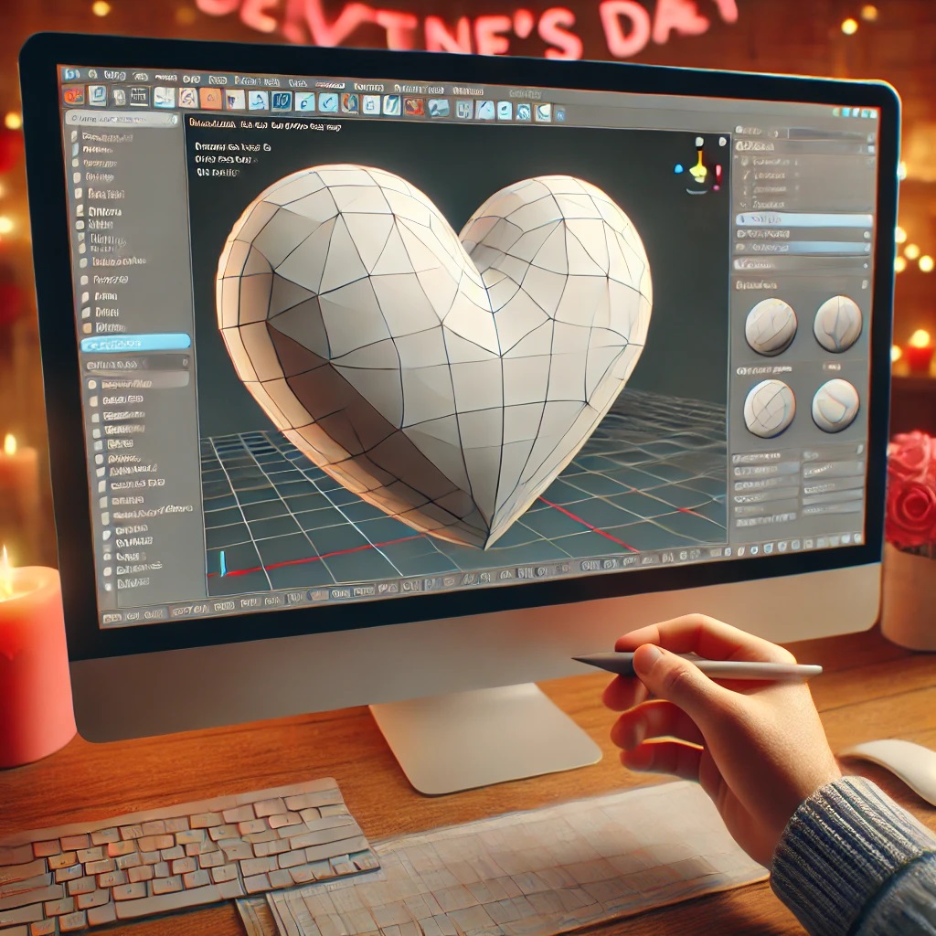 A computer screen displaying 3D modeling software with a wireframe heart model being designed.