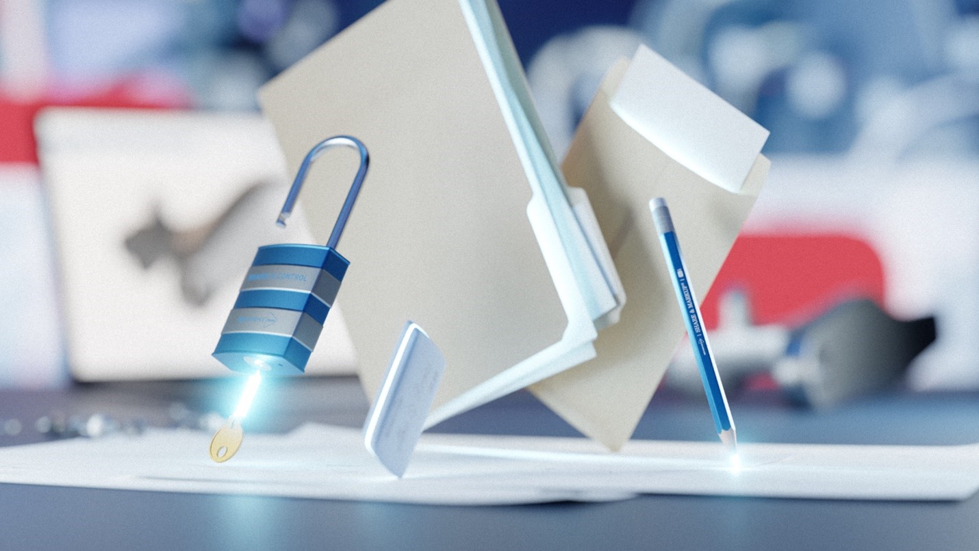 A digitally enhanced futuristic scene featuring a glowing blue padlock with an inserted key, a floating pencil, and an open file folder.
