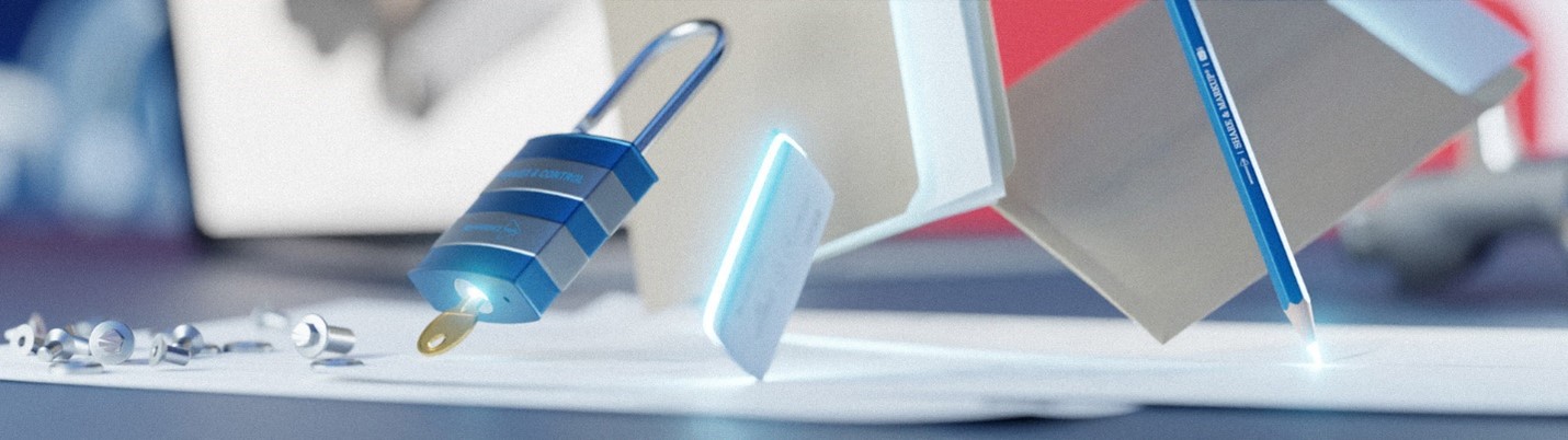A digitally enhanced futuristic scene featuring a glowing blue padlock with an inserted key, a floating pencil, and an open file folder.
