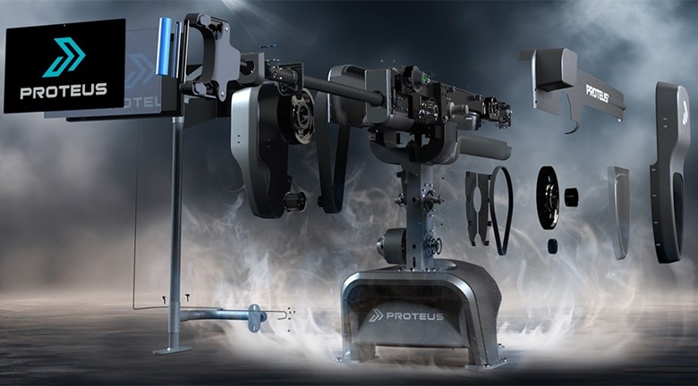 A dramatic exploded view of the Proteus robotic training machine, showcasing its internal components floating in space.
