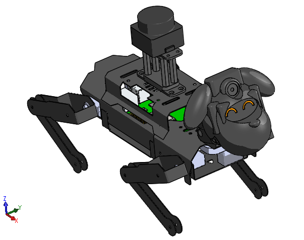 The assembly design of the Intelligent Robot Dog made in SOLIDWORKS. Modeled with sheet metal technique and 3D printing.