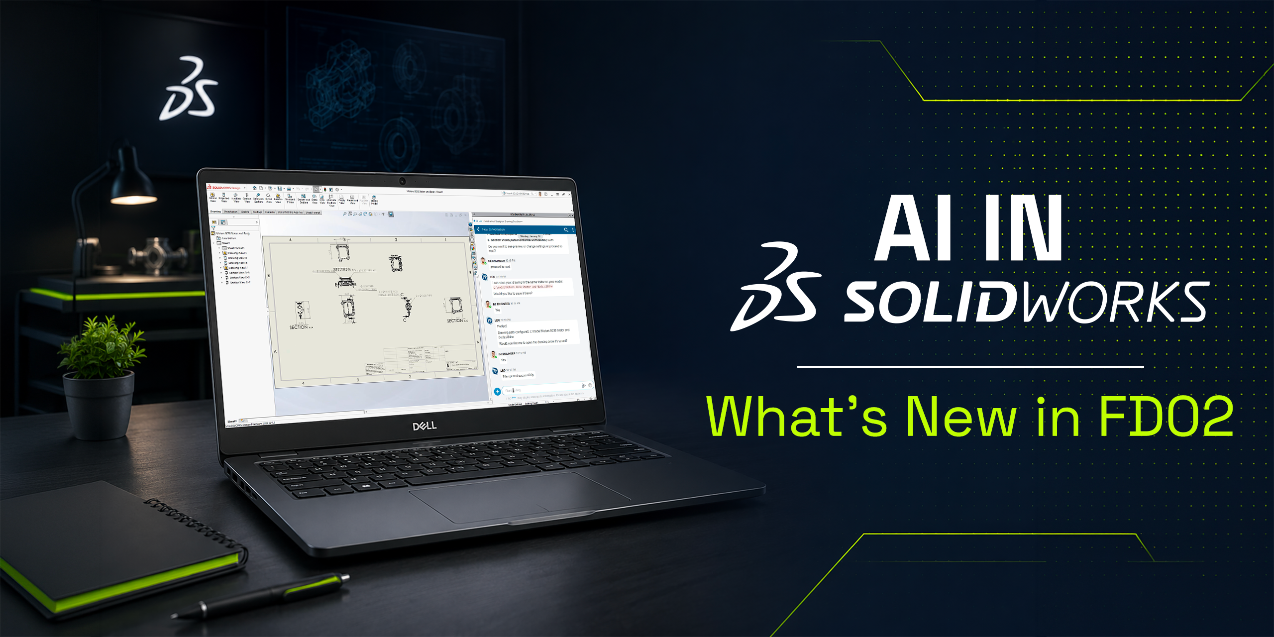 Banner highlighting the new AI features introduced in SOLIDWORKS 2026 FD02, including virtual assistants, automation, and workflow optimization tools.