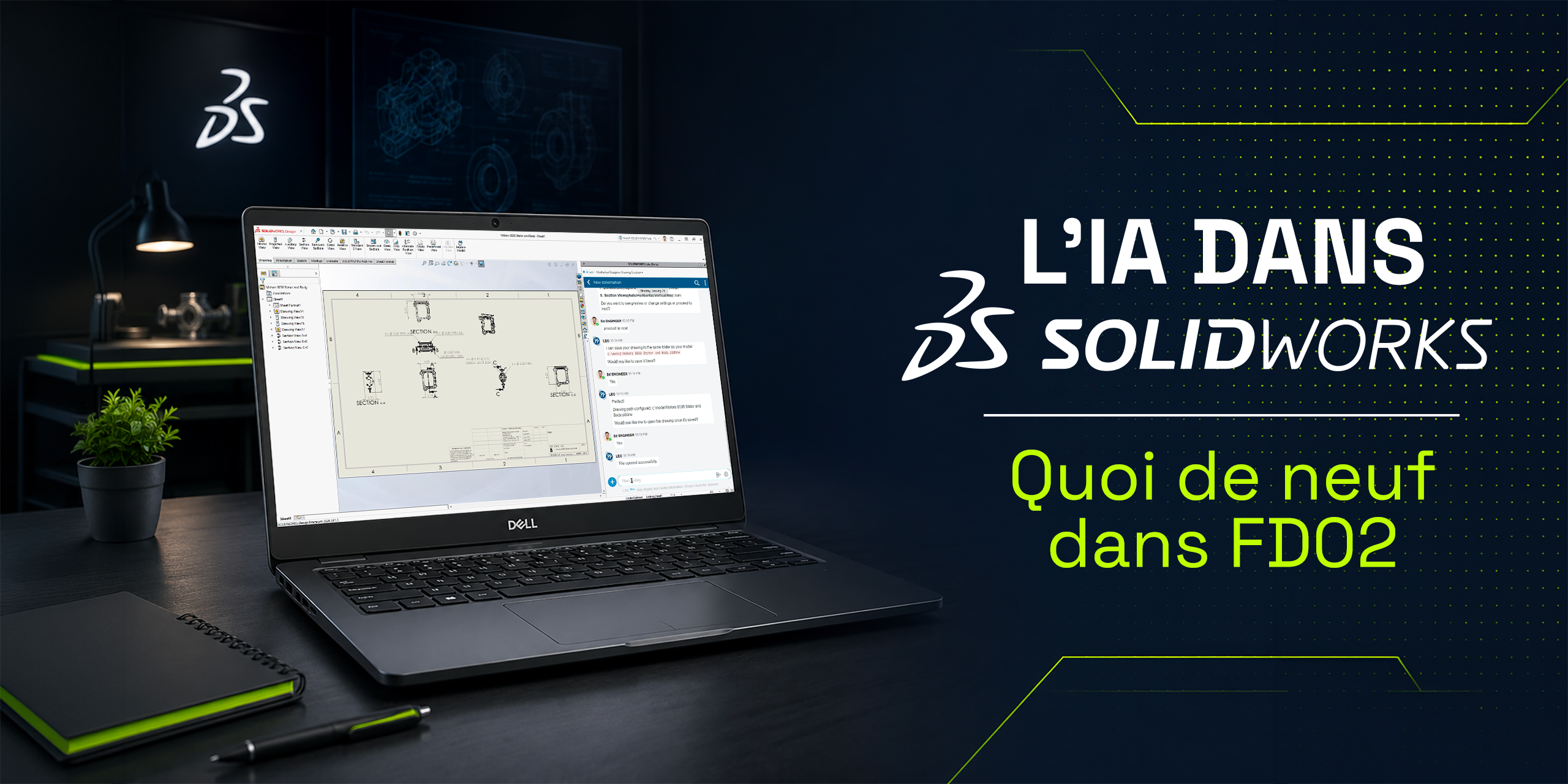 Bannière présentant les nouvelles fonctionnalités d’IA de SOLIDWORKS 2026 FD02, incluant des assistants virtuels, l’automatisation et des outils d’optimisation des flux de travail.