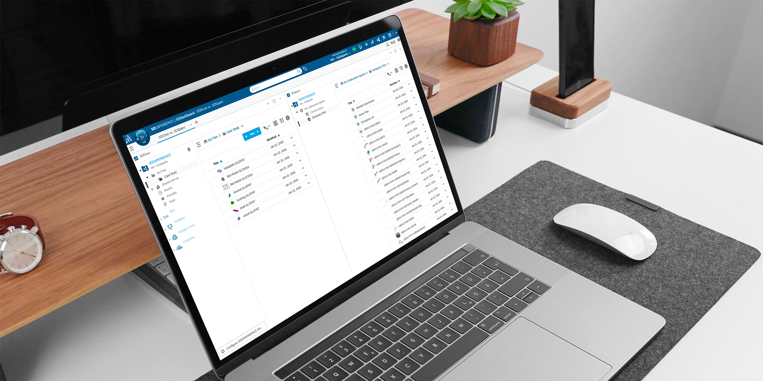 Illustration comparant 3DDrive et 3DSpace au sein de la plateforme 3DEXPERIENCE, mettant en évidence les différences entre le stockage de fichiers, la collaboration et les outils de gestion des données de projet.